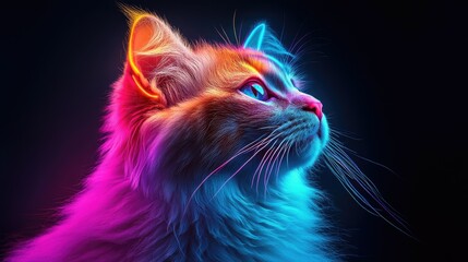 Colorful studio portrait of a domestic cat showcasing vibrant lighting.