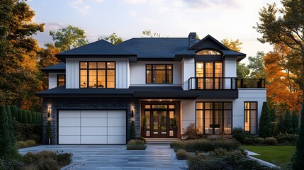 Fototapeta premium Contemporary&nbsp;residential&nbsp;architecture showcasing modern&nbsp;white&nbsp;garage door with&nbsp;clean-lined panel&nbsp;design, complemented by stone&nbsp;accents and subtle&nbsp;landscaping.