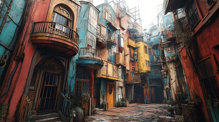 Vibrant urban alley with colorful buildings