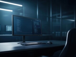 Fototapeta premium A modern workspace featuring a sleek computer monitor displaying coding screen in a dimly lit environment. digital marketing and branding engagement concept.