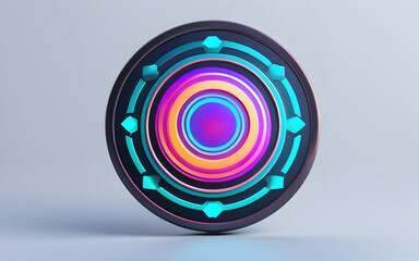 A levitating circular badge, glowing with shifting gradient hues and intricate designs