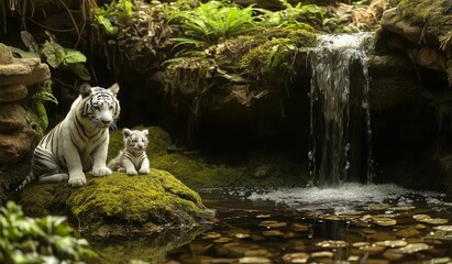AI generation depicts an white tiger in the forest amidst nature. Waterfalls, water streams, good weather,