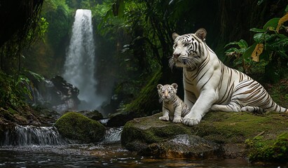 AI generation depicts an white tiger in the forest amidst nature. Waterfalls, water streams, good weather,