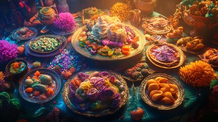 Vibrant feast with colorful dishes and fruits.