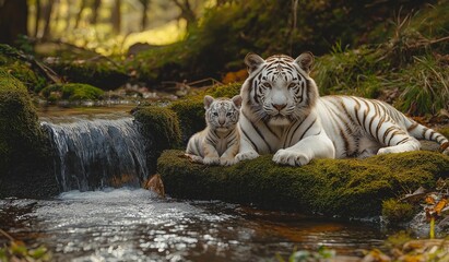 AI generation depicts an white tiger in the forest amidst nature. Waterfalls, water streams, good weather,