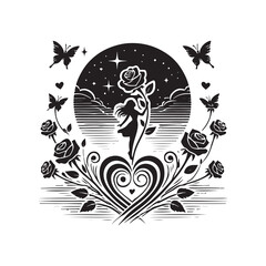 Obraz premium Black Color Valentines Day Silhouette Vector Illustration, Solid White Background.