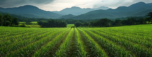 A photograph of an endless sugarcane field in the Hawaiian Islands, with mountains and palm trees visible in the background
