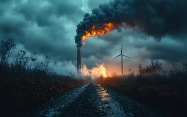 Fototapeta premium Conceptual image of a giant coal stack turning into a wind turbine midtransformation