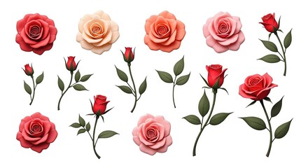 Elegant Collection of Rose Illustrations with Varied Blossoms and Buds on a White Background, Perfect for Floral Design and Botanical Projects