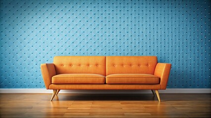 Silhouette of orange retro style sofa against blue wall with polka dot background