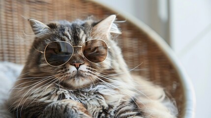 Grumpy cat wearing sunglasses, relaxing in a wicker chair.