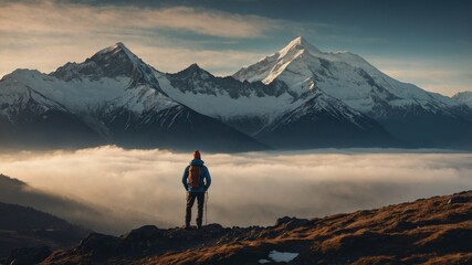 A male climber stands on the top of a mountain and looks at the yet unconquered peaks.