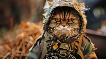 Grumpy persian cat wearing camouflage jacket.