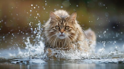 Longhair cat running through water, splashing.