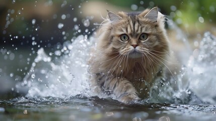 Longhair cat running through shallow water, splashing.
