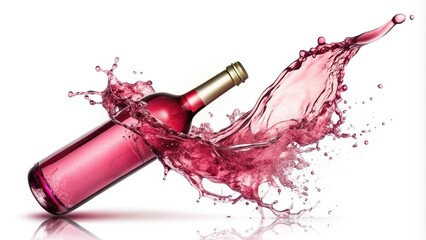 Fototapeta premium Silhouette of pink wine bottle breaking and splashing on white background