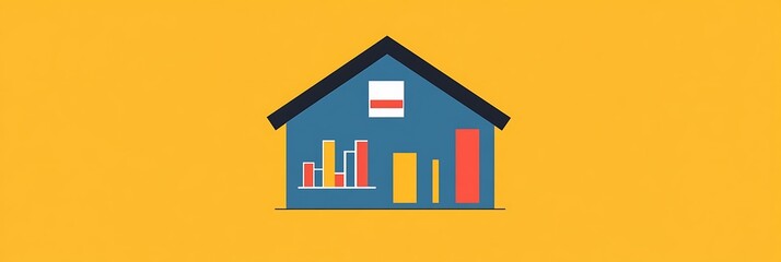 Flat icon of house and financial chart side by side, clean background 