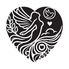 Black Color Valentines Day Silhouette Vector Illustration, Solid White Background.