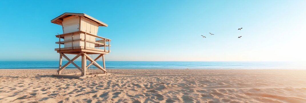 A lifeguard tower on a serene beach at sunset. - Powered by Adobe