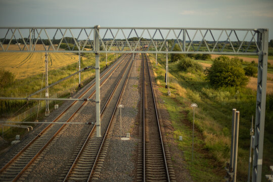 Railway tracks in the countryside. Shot in Poland, Europe.