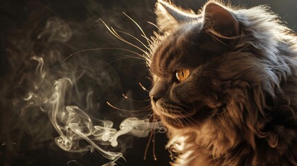 Majestic grey cat profile, illuminated, smoke background.