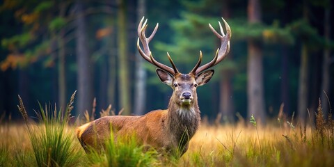 Naklejka premium Silhouette of red deer in grass against dark forest background