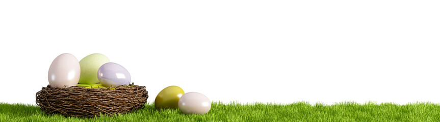 easter eggs with nest on grass isolated on white