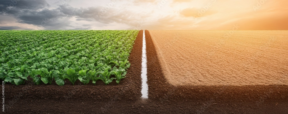 Wall mural A vibrant split between lush green crops and dry soil under a dramatic sky, symbolizing agricultural contrast and the impact of climate.