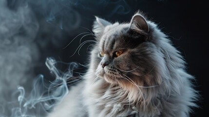 Majestic grey cat with smoky background.