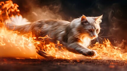 Majestic maine coon cat running through fiery flames.