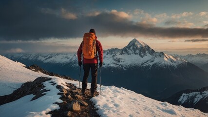 A male climber stands on the top of a mountain and looks at the yet unconquered peaks.
