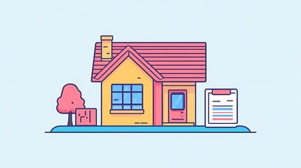 Flat illustration of a house with financial documents beside it, home loan concept 