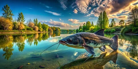 Fototapeta premium Chernobyl Catfish Panoramic: Radioactive Fish, Pripyat Exclusion Zone, Nuclear Disaster, Aquatic Life, Post-Apocalyptic Wildlife, Surreal Landscape Photography