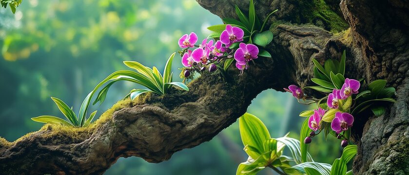 AI generator images of wild orchids growing on large trees In the natural forest, near waterfalls, many create beautiful, moist, beautiful flower tunnels.