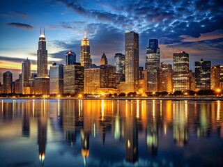 Naklejka premium Chicago Skyline Night Photography - Low Light Cityscape, Dramatic Architecture, Urban Landscape, Building Lights