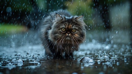 Persian cat in the rain, standing in a puddle, looking directly at the camera, with raindrops falling around it.