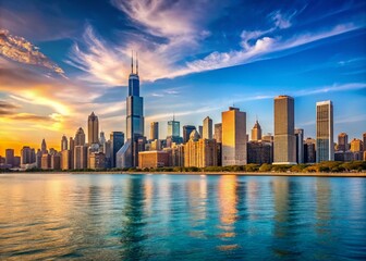 Fototapeta premium Chicago Skyline Panoramic: Stunning Cityscape, Breathtaking View, Dramatic Architecture, Iconic Buildings, Lake Michigan