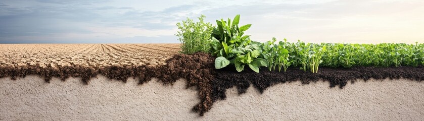 A cross-section of soil showcasing healthy plants above ground and rich soil layers below, illustrating the importance of soil health for agriculture.