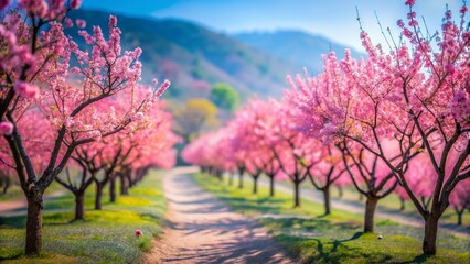 China Pink Trees Tilt-Shift Photography: Miniature Landscape, Spring Blossom, Cherry Blossom, Peach Blossom, Pink Flowers, Asian Scenery