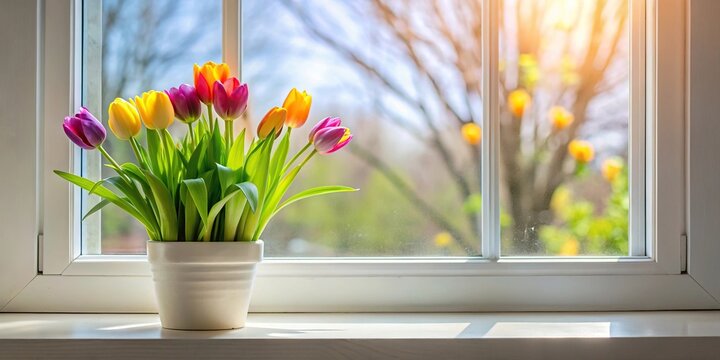 Silhouette of spring flowers tulips in pot on white window sill