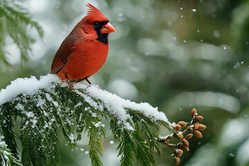 Cardinal on tree branch, slight dusting of snow on the branch. 