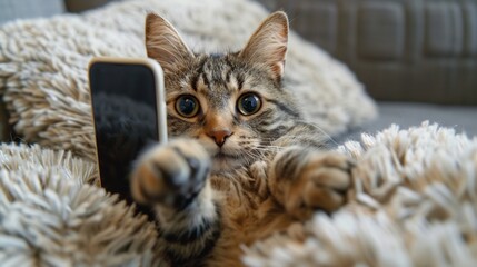 Playful cat holding a phone.