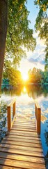 Naklejka premium Sunset over the lake with wooden dock