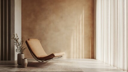 Minimalist interior design with leather chair, plants, and beige wall.
