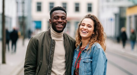 Diverse young couple smiling outdoors in urban setting for lifestyle and friendship themes