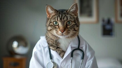 Tabby cat in a doctor's coat and stethoscope.