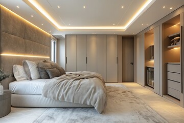 Modern bedroom interior with built-in wardrobes, recessed lighting, and plush bedding.