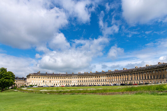 Lawn with wildflowers in front of The Royal Crescent  terraced houses Bath, Somerset, UK by architect John Wood, the Younger and built between 1767 and 1774 in Georgian architecture