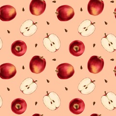 Red apples on a beige background, seamless pattern 