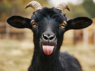  Portrait of funny black goat with tongue out.